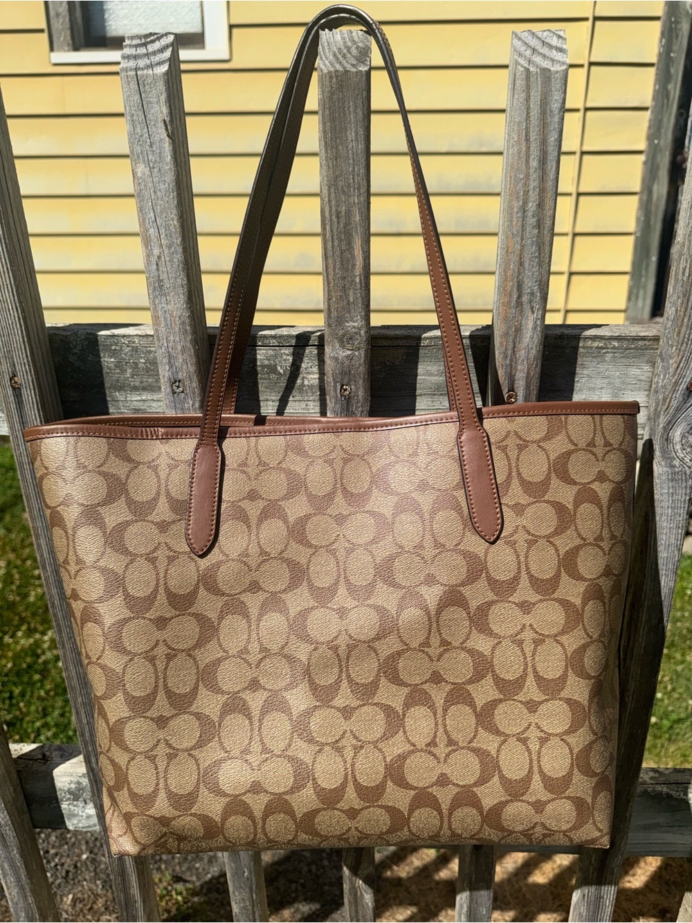 Coach Beige Signature Canvas Tote with Brown Leather Trim - Picture 2 of 5